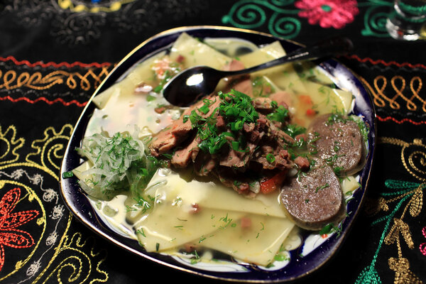 Plate with boiled meat and noodles