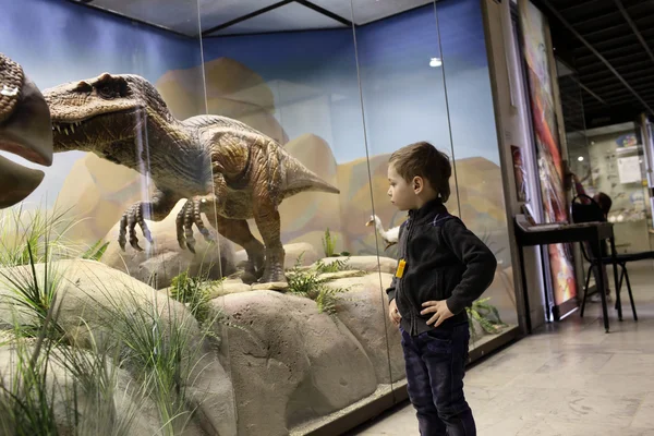 Jongen kijkt op een dinosaurus — Stockfoto