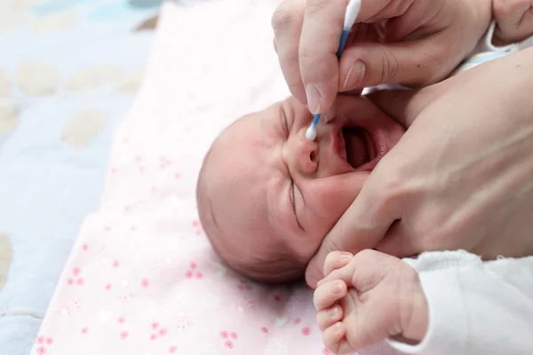 Mother cleaning baby nose Stock Image