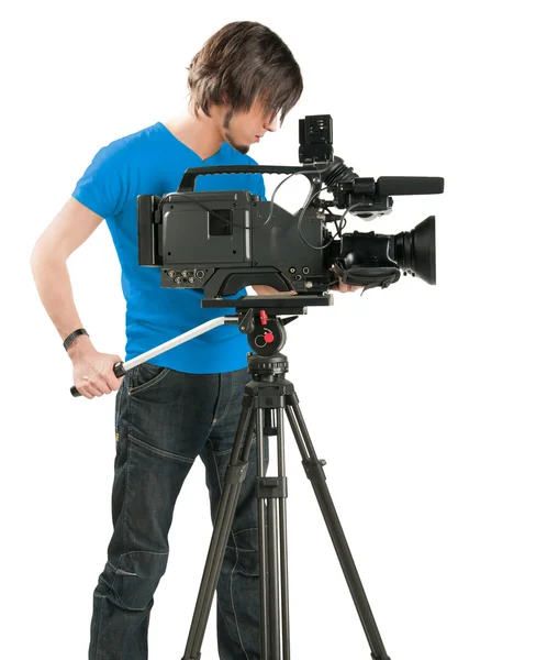 Professional cameraman on white background — Stock Photo, Image