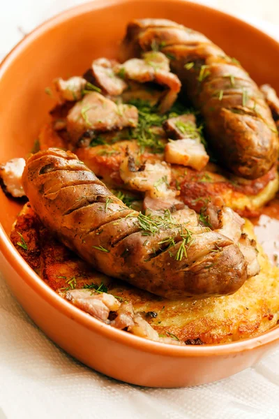 Potato pancakes with sausage — Stock Photo, Image