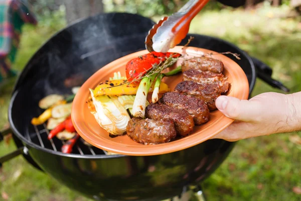 Grilled kebab and vegetables — Stock Photo, Image