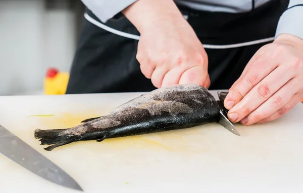 Chef corte pescado — Foto de Stock