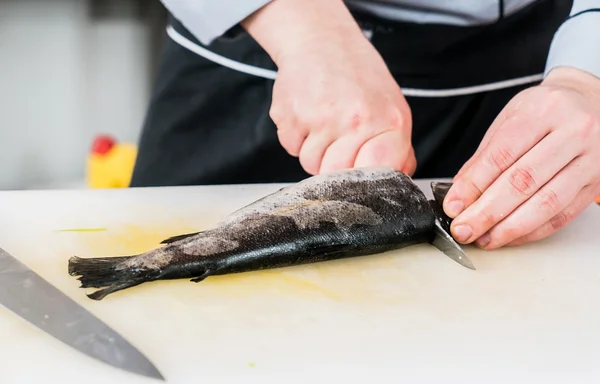 Chef che taglia pesce — Foto Stock