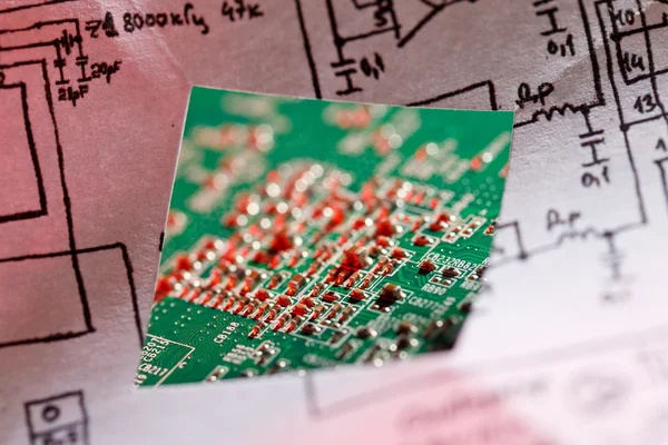 Circuit board and drawings — Stock Photo, Image