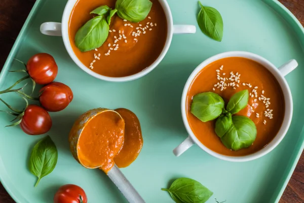 Sopa de tomate na tigela — Fotografia de Stock