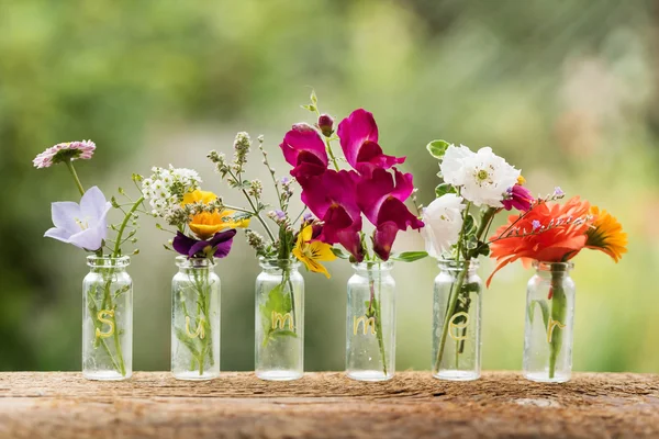 Beautiful flowers in bottles — Stock Photo, Image