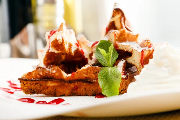 Waffle with whipped cream — Stock Photo, Image