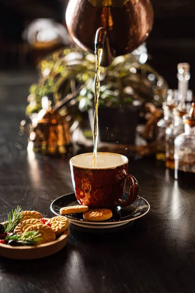 Vánoční Čaj Sušenkami Cukrovinkami — Stock fotografie