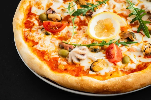 Seafood Pizza Black Background — Stock Photo, Image