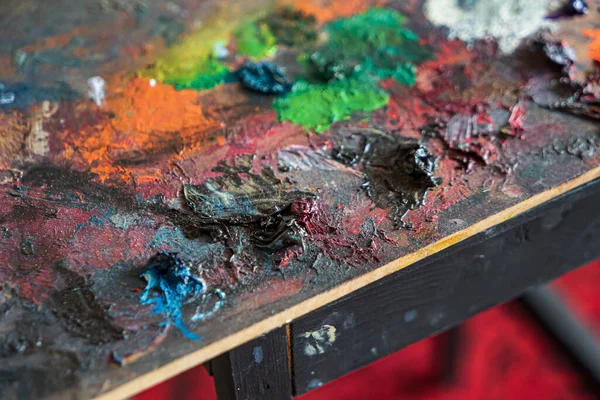 Nahaufnahme Der Kunstpalette Mit Bunter Farbe — Stockfoto