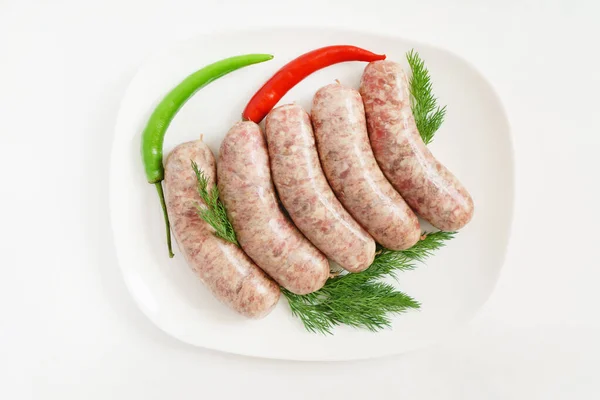 Raw Sausages Hot Peppers Herbs — Stock Photo, Image