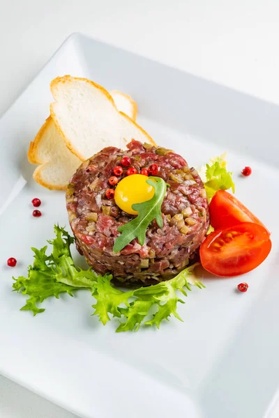 French Cuisine Beef Steak Tartare Raw Quail Egg Yolk — Stock Photo, Image