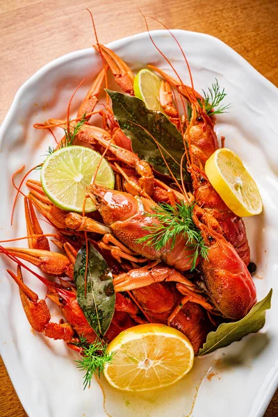 Crayfish Red Boiled Crawfishes Table Rustic Style — Stock Photo, Image