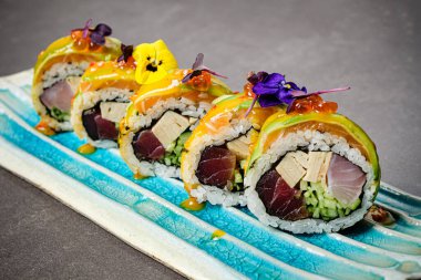 tasty set of sushi  in restaurant