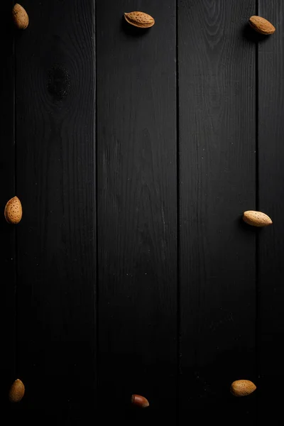 Nuts Wooden Black Background — Stock Photo, Image