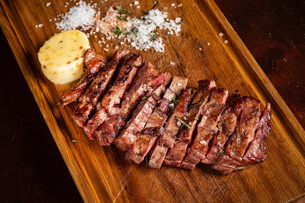 Beef Steak Wooden Boar — Stock Photo, Image