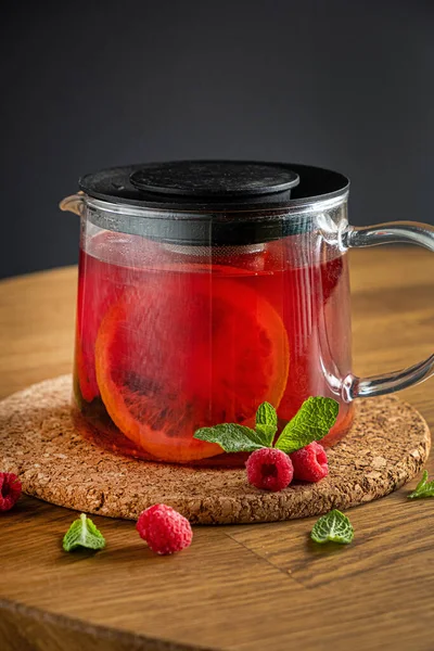 Raspberries Tea Mint Orange — Stock Photo, Image