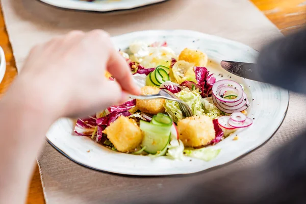 Schmackhafter Salat Mit Käse Und Gemüse — Stockfoto