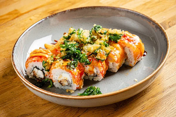 Conjunto Sushi Com Molho Ervas — Fotografia de Stock