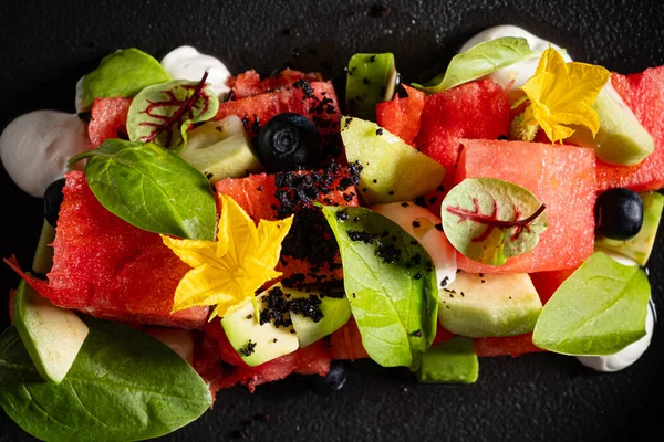 Salada Tomate Melancia Com Feta Molho Balsâmico — Fotografia de Stock