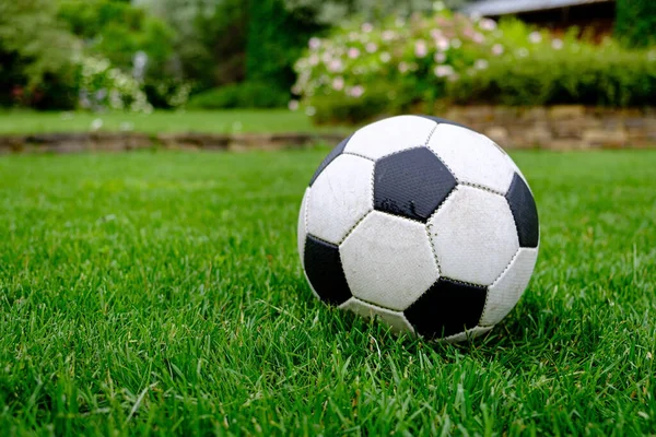 Крупный План Футбольного Мяча Газоне Зеленой Травы — стоковое фото