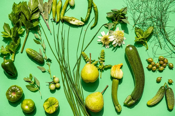 緑の背景にある緑の野菜と花 — ストック写真