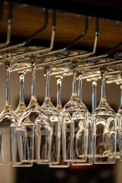 Different Empty Clean Glasses Counter Bar — Stock Photo, Image