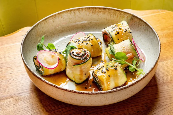 Stuffed Eggplant Rolls Sauce — Stock Photo, Image