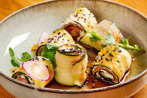 Stuffed Eggplant Rolls Sauce — Stock Photo, Image