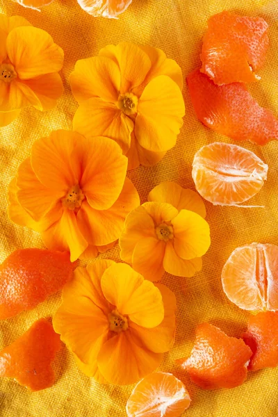 Prímulas Frutas Naranjas Tela Lino Naranja —  Fotos de Stock