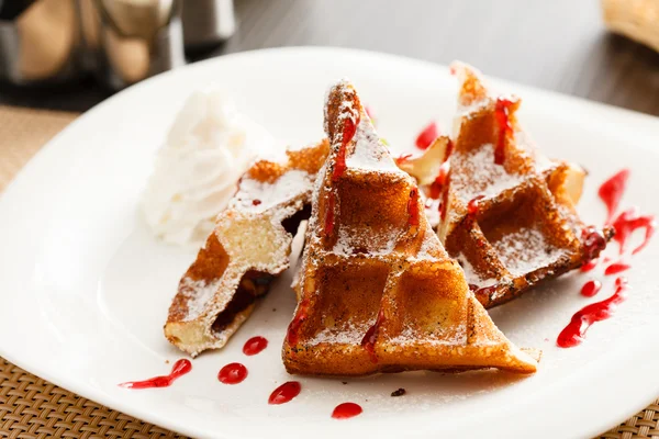 Belgian waffle with whipped cream — Stock Photo, Image