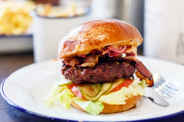 Plaka üzerinde lezzetli burger — Stok fotoğraf