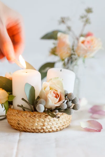 Nice flowers and candle — Stock Photo, Image