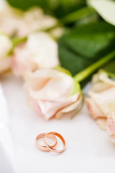 Rosas y anillos de boda — Foto de Stock