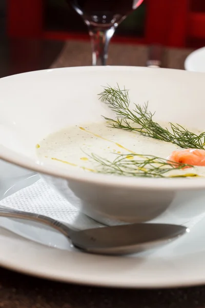 Cream soup with salmon — Stock Photo, Image