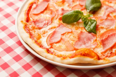 Lezzetli pizza damalı masa örtüsü üzerinde