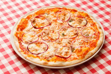 Lezzetli pizza damalı masa örtüsü üzerinde