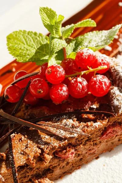 Pastel de chocolate con grosella roja — Foto de Stock