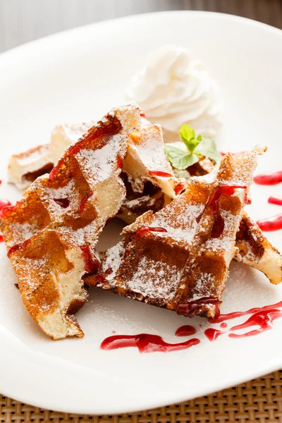Belgian waffle with whipped cream — Stock Photo, Image