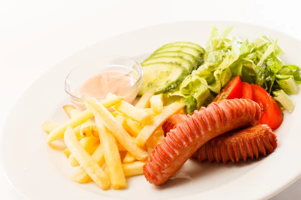 Fried sausage with french fries — Stock Photo, Image