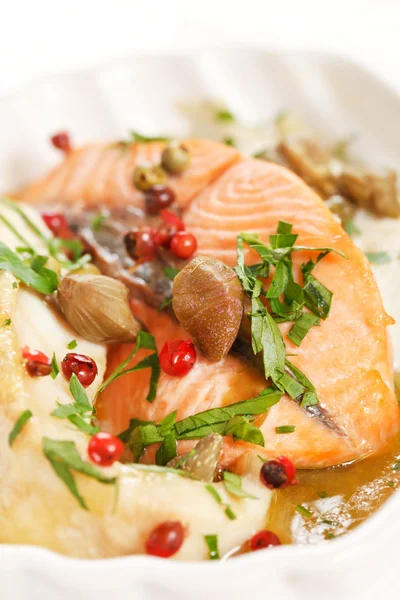 Roasted fish on plate — Stock Photo, Image