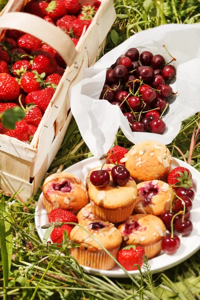 Muffins de verão com cerejas — Fotografia de Stock