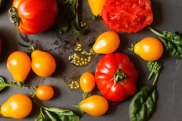 Tomatoes with spinach leaves — Stock Photo, Image