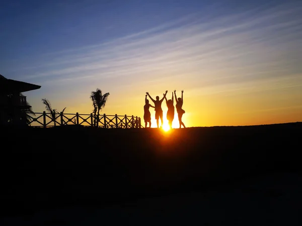 Silhouette of friends jumping — Stock Photo, Image