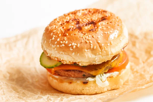 Tasty burger on paper — Stock Photo, Image