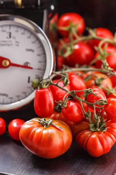 Fresh tomatoes and scale — Stock Photo, Image