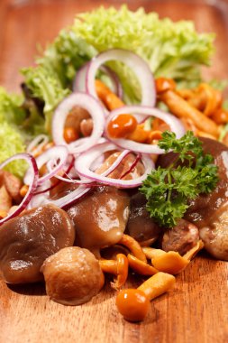 Salamura mantar, soğan ve salata yaprakları