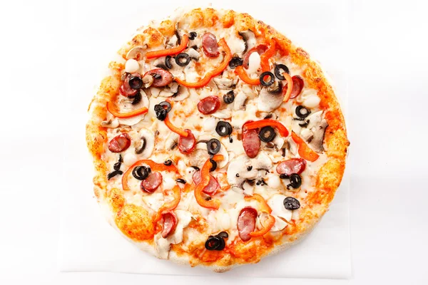 Pizza with sausages and pepper — Stock Photo, Image