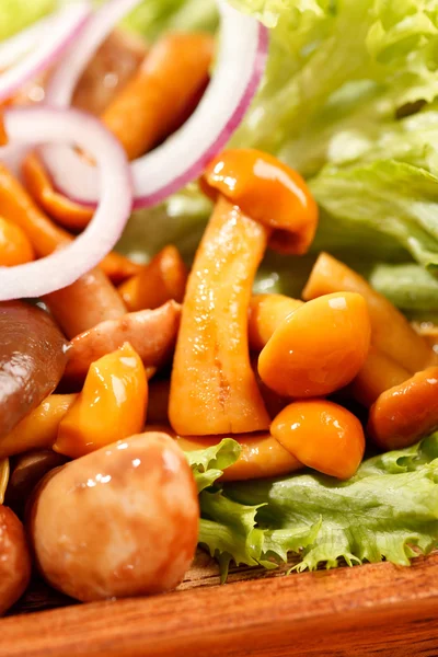 Champignons marinés, oignons et feuilles de salade — Photo